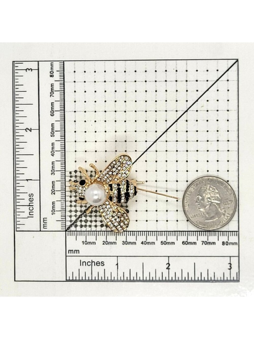 Gold Bumble Bee Pearl Brooch Pin with Sparkling Crystals, Vintage Insect Jewelry - Picture 5 of 5